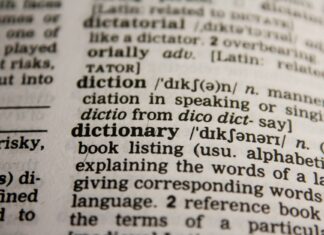 Jak tworzyć pytania po angielsku? Szyk zdań krok po kroku Zbliżenie strony słownika z hasłem dictionary i definicją